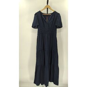 Quince Navy Blue Tiered Linen Maxi Dress